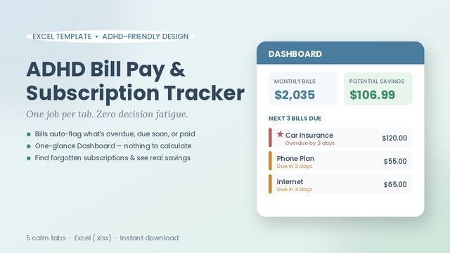 ADHD Bill Pay & Subscription Tracker spreadsheet cover