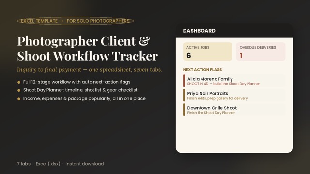 Photographer Client & Shoot Workflow Tracker spreadsheet cover